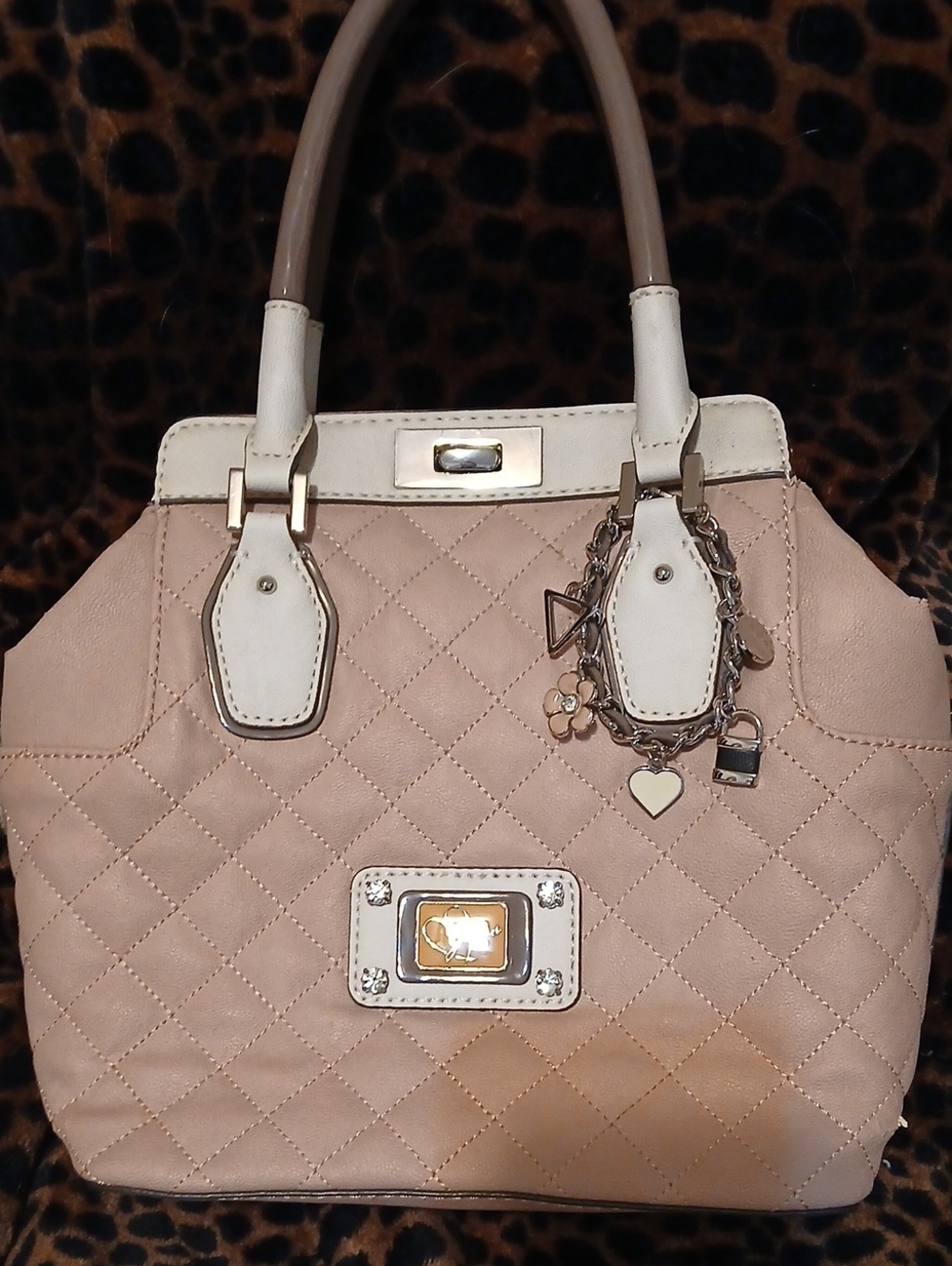 GUESS Quilted Pink Tote Bag with Chain Charm